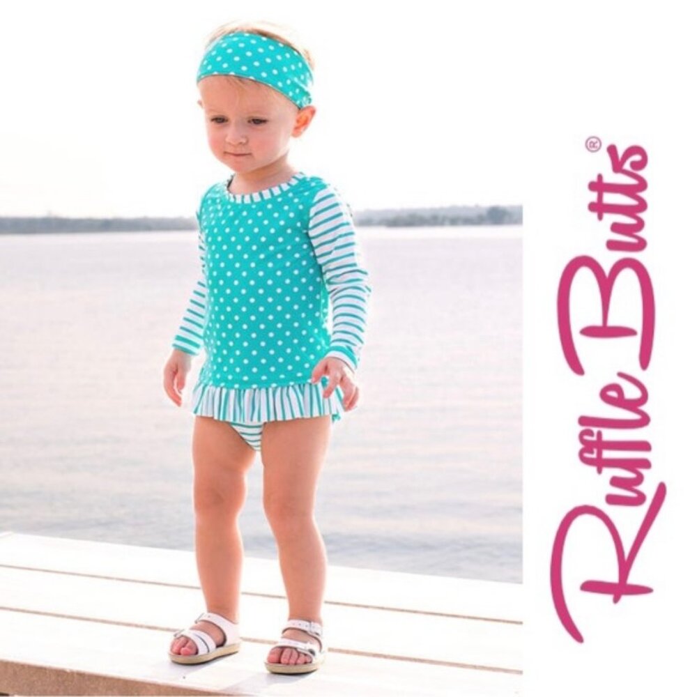 Ruffle Butts | Blue & White Long Sleeve Rash Guard Bikini | Size 12-18 Months